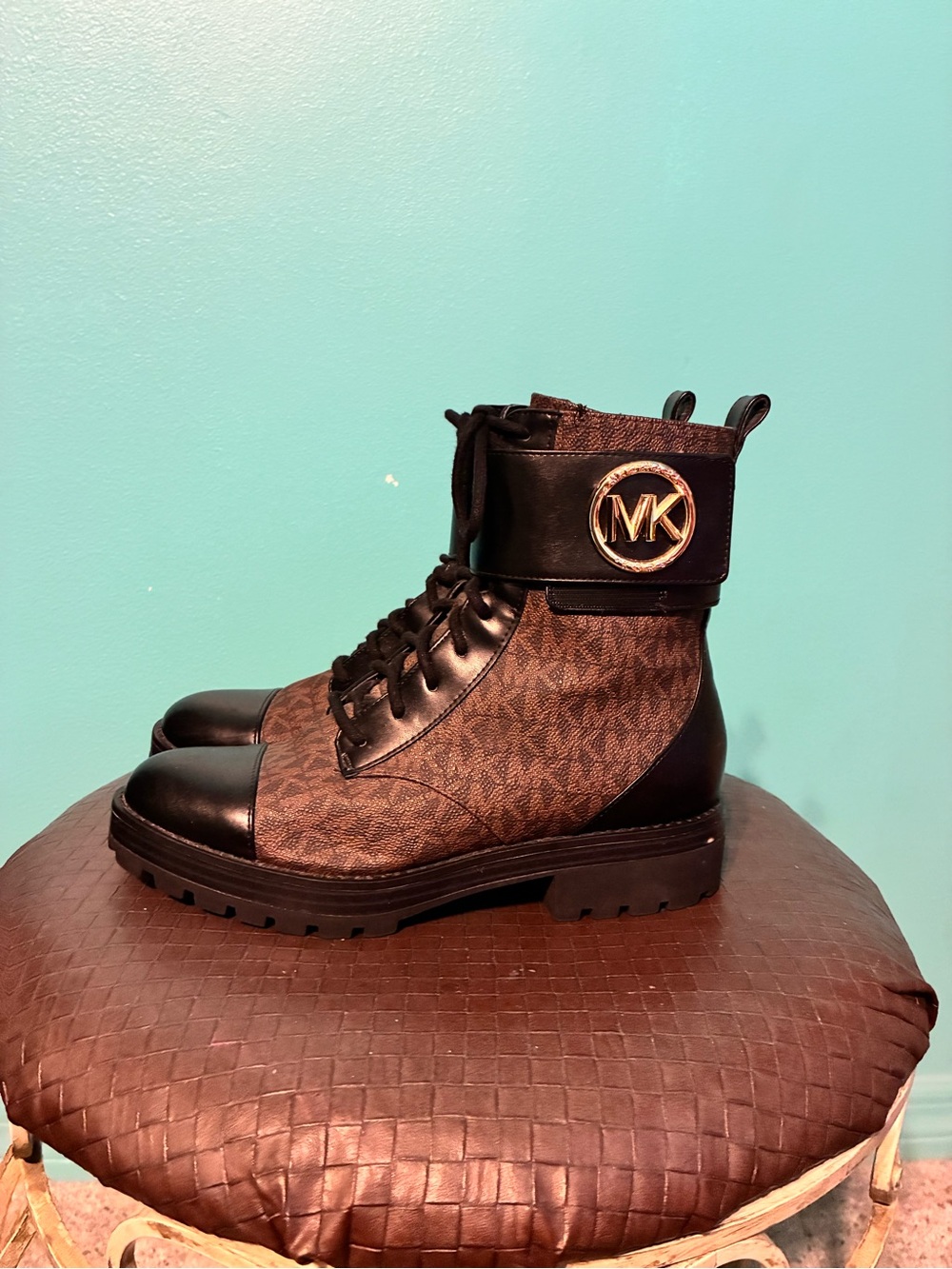 Michael Kors Tatum Brown and Black Logo Lace-Up Combat Boots
